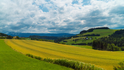 Graz, Austria. View of the farm and valley in the countryside