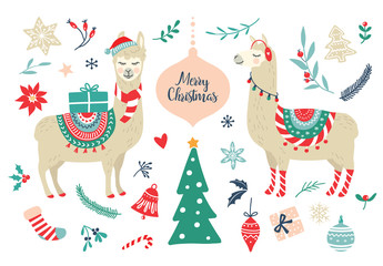 Cute cartoon llama alpaca vector graphic design set for Christmas © Wink Images