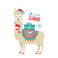 Cute cartoon llama alpaca vector graphic design for Christmas holiday