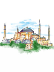 Fototapeta premium The Hagia Sophia - Ayasofya museum in Turkey illustration watercolor 