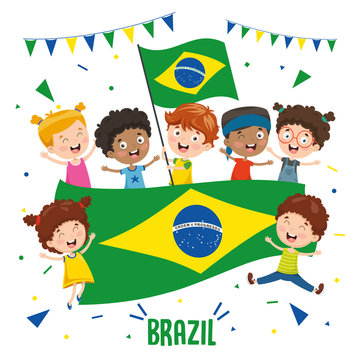 Vector Illustration Of Children Holding Brazil Flag