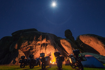 motorcycle camping at a boulder landscape