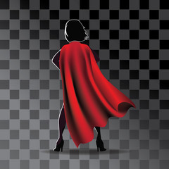Cartoon super hero cape on woman's silhouette with transparent shadow. Eps10 vector illustration.