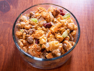 Holiday Stuffing With Beef Carrots Bread Celery Almonds Onions Crutons Cranberries In Glass Serving Bowl