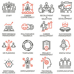 Vector set of linear icons related to human resource management, career competency and leadership. Mono line pictograms and infographics design elements - part 4