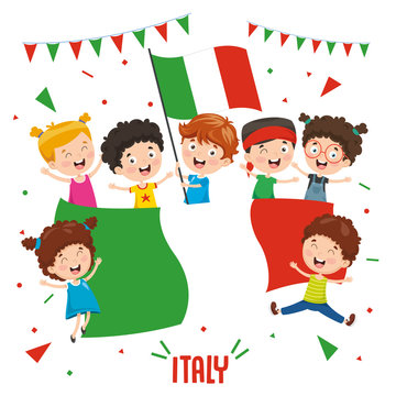 Vector Illustration Of Children Holding Italy Flag