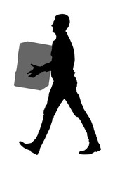 Delivery man carrying boxes of goods vector silhouette.Post man with package . Distribution boy holding heavy package for moving service. Handy man walking in move action. Hand transportation method.