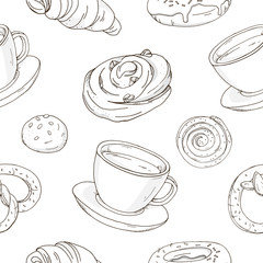 Seamless pattern with delicious sweet pastries and a Cup of coffee or tea. Stylish, black and white rolls, croissants, pretzels on a white background. Vector illustration in sketch style.