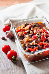 Vegetable sauté with eggplant, red bell peppers and tomatoes