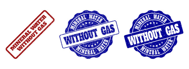 MINERAL WATER WITHOUT GAS scratched stamp seals in red and blue colors. Vector MINERAL WATER WITHOUT GAS watermarks with scratced surface. Graphic elements are rounded rectangles, rosettes,