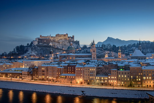 Famous view of Salzburg and the fortress Hohensalzburg in winter, Austria