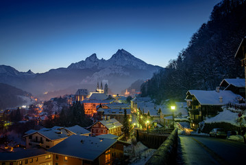 Berchtesgaden City in front of mount Watzmann in Winter