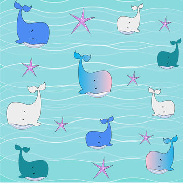  Whale in Ocean. Sea print pattern for children's clothing