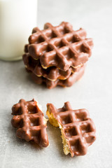 Waffles with chocolate topping.
