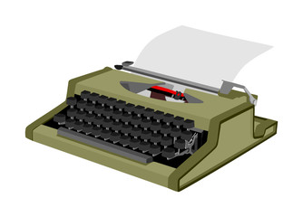 Vintage type writer with paper sheet vector isolated on white background. Typing machine vector illustration isolated.