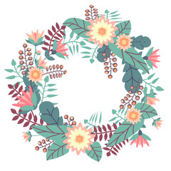 Greeting card with floral wreath in flat style on white background.