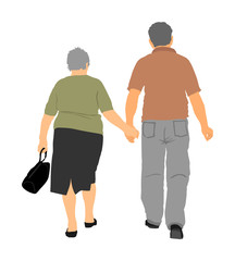 Happy elderly seniors couple hold hands vector illustration. Mature coupe in love together on white background. Grandmother and grandfather closeness in public. Golden age for travel and peace in soul