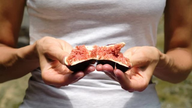Girl opens in half figs close-up in the summer in nature