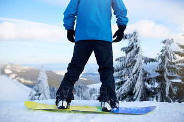 Back view of snowboarder legs on his board before backcountry freeride session in the forest. Man's feet in boots mounted in modern snowboard fast flow bindings fixed with straps. Rider at ski resort.