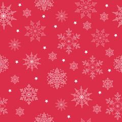 Vector seamless pattern of white snowflakes on a red background. Thin delicate lines silhouettes of different snow elements. New year ornament.