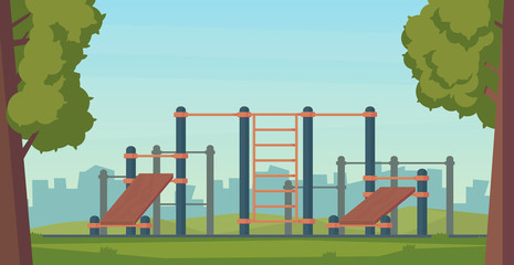Summer street workout park for fitness and strength training. City sport place. Element and equipment for urban outdoor training. Flat style illustration © Ilya_kovshik