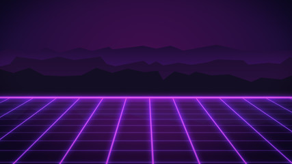 Retro neon background with 80s styled laser grid vintage arcade computer games