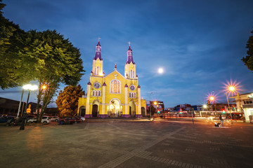 Church of San Francisco and Plaza de Armas Square at night - Castro, Chiloe Island, Chile