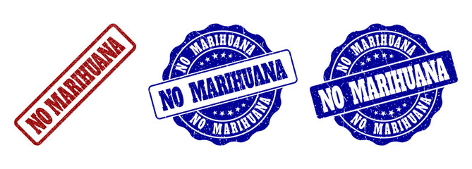 NO MARIHUANA grunge stamp seals in red and blue colors. Vector NO MARIHUANA labels with scratced surface. Graphic elements are rounded rectangles, rosettes, circles and text labels.