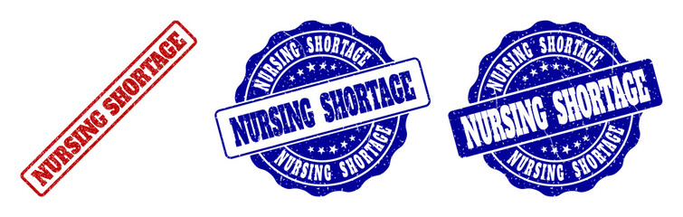 NURSING SHORTAGE grunge stamp seals in red and blue colors. Vector NURSING SHORTAGE imprints with grunge texture. Graphic elements are rounded rectangles, rosettes, circles and text labels.