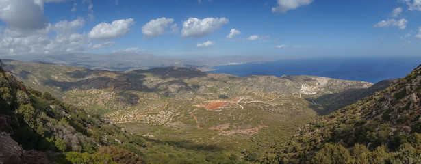 Agios Nikolaos, Crete - 09 29 2018: Moni Faneromenis Monastery. Panorramic view of Mirabello Bay