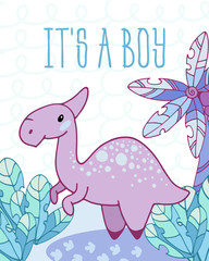 Card with dinosaur Parasaurolophus and cartoon blue background. Fantasy trees and plants. Template greeting card