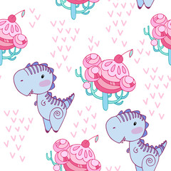 Seamless pattern with fairy candy trees and dinosaurs Tyrannosaurus. Printable templates for fabrics, textiles, paper, wallpaper.
