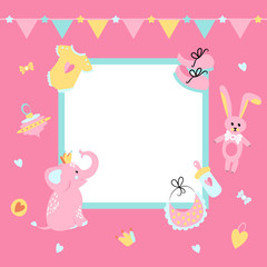 Vector Illustration. Template background with frame for a photo. Poster for kid's birthday, baby shower. Garlands and cute accessories for a girl.