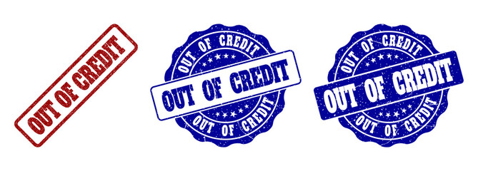 OUT OF CREDIT scratched stamp seals in red and blue colors. Vector OUT OF CREDIT imprints with grunge effect. Graphic elements are rounded rectangles, rosettes, circles and text tags.