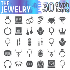 Jewelry glyph icon set, accessory symbols collection, vector sketches, logo illustrations, jewel signs solid pictograms package isolated on white background.