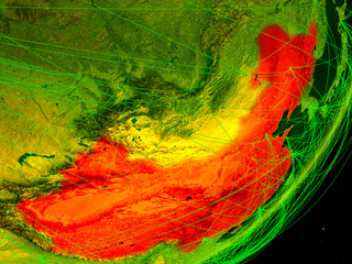 China on green model of planet Earth with network at night. Concept of digital technology, communication and travel.