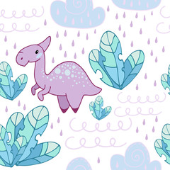 Seamless pattern with fairy plants фтв with a dinosaur Parasaurolophus. Printable templates for fabrics, textiles, paper, wallpaper.