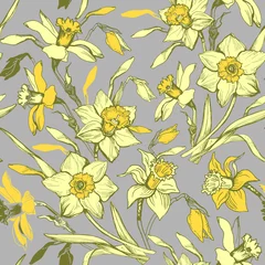 Foto op Canvas Botanical seamless pattern with hand drawn flowers daffodils, narcissus. © Rina Ka