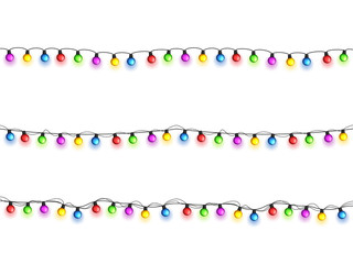 Christmas glowing lights on white background. Garlands with colored bulbs. Xmas holidays. Christmas greeting card design element. New year,winter.