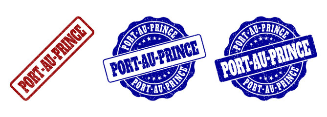 Obraz premium PORT-AU-PRINCE grunge stamp seals in red and blue colors. Vector PORT-AU-PRINCE watermarks with grunge style. Graphic elements are rounded rectangles, rosettes, circles and text labels.