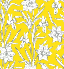 Gordijnen Botanical seamless pattern with silhouette of flowers daffodils, narcissus on yellow © Rina Ka