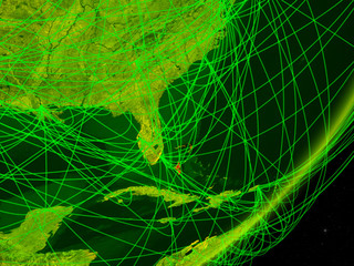 Bahamas on green model of planet Earth with network at night. Concept of digital technology, communication and travel.