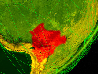 Bolivia on green model of planet Earth with network at night. Concept of digital technology, communication and travel.