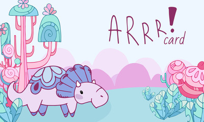 Fairytale postcard with purple dinosaur Triceratops and cartoon background. Fantasy trees and plants. Holiday invitation template