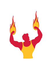 fitness sport muskeln bodybuilder held magisch super kraft brennen heiß flammen feuer faust aufschlagen boxen stark clipart design