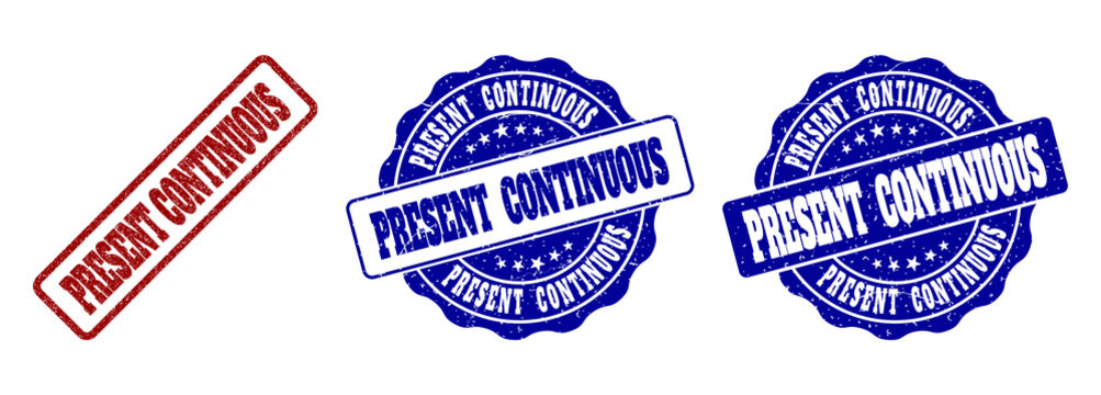 PRESENT CONTINUOUS grunge stamp seals in red and blue colors. Vector PRESENT CONTINUOUS watermarks with grunge texture. Graphic elements are rounded rectangles, rosettes, circles and text titles.