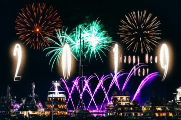Fireworks show in Monaco during the annual international festival, yacht luxury concept for new year celebration