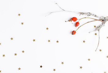 Red rosehip berries on a white background and golden stars. Christmas, new year, winter concept. Flat lay, top view, copy space