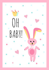 Obraz na płótnie Canvas Vector Illustration. Design template card for baby shower. Cute funny bunny, crown with hearts around. Poster for the kid's birthday.