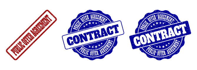 PUBLIC OFFER AGREEMENT grunge stamp seals in red and blue colors. Vector PUBLIC OFFER AGREEMENT labels with draft surface. Graphic elements are rounded rectangles, rosettes, circles and text labels.